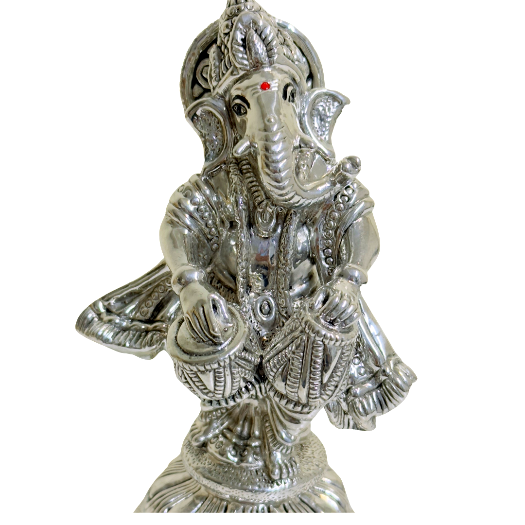 999 Silver Dholak Ganesh Idol- 6 Inches