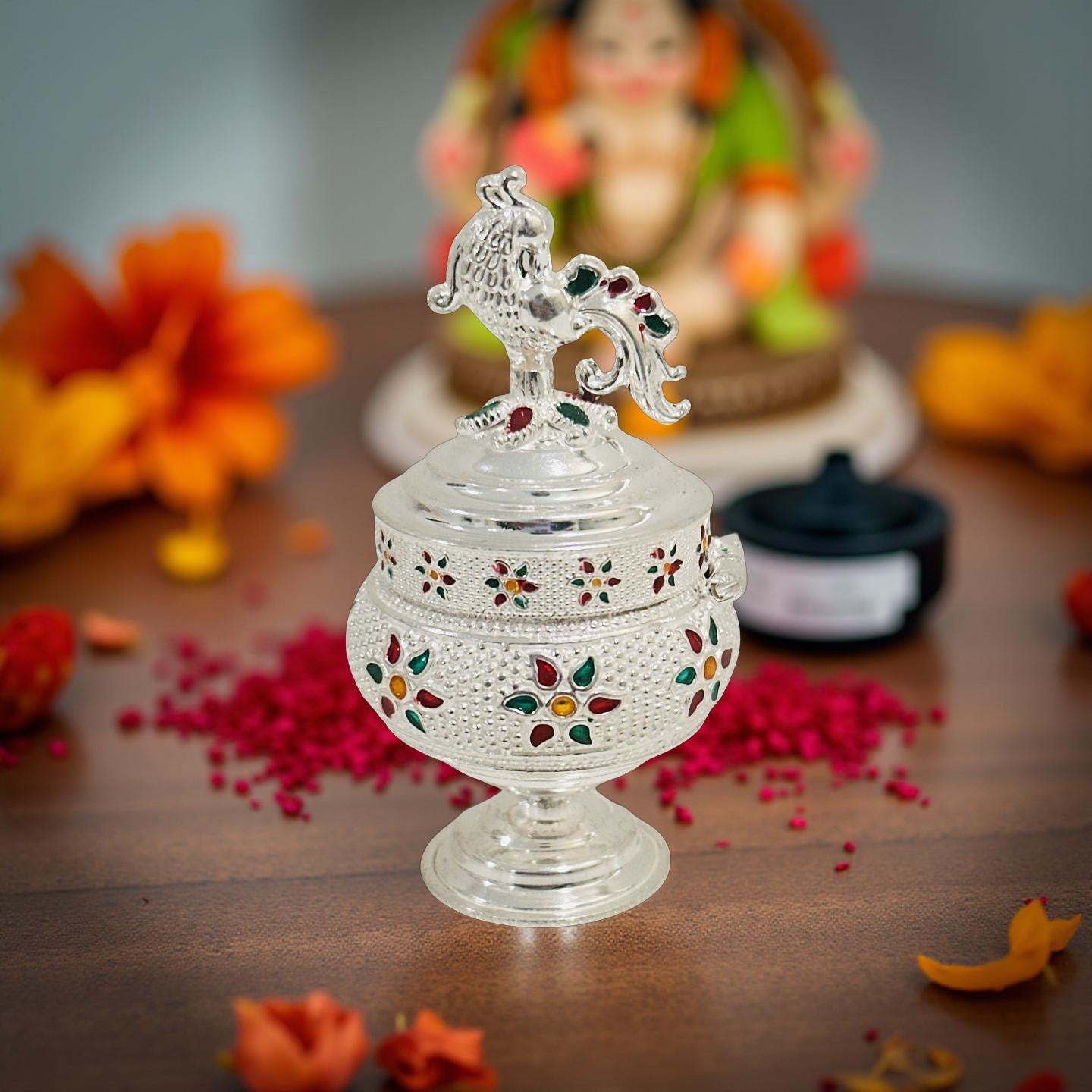 Silver Peacock Floral Enamel Haldi KumKum Box