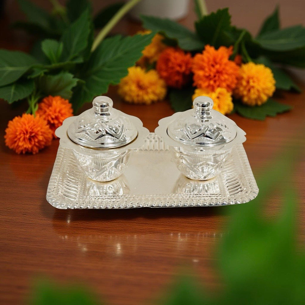 Silver Haldi Kumkum Plate Set with Lid