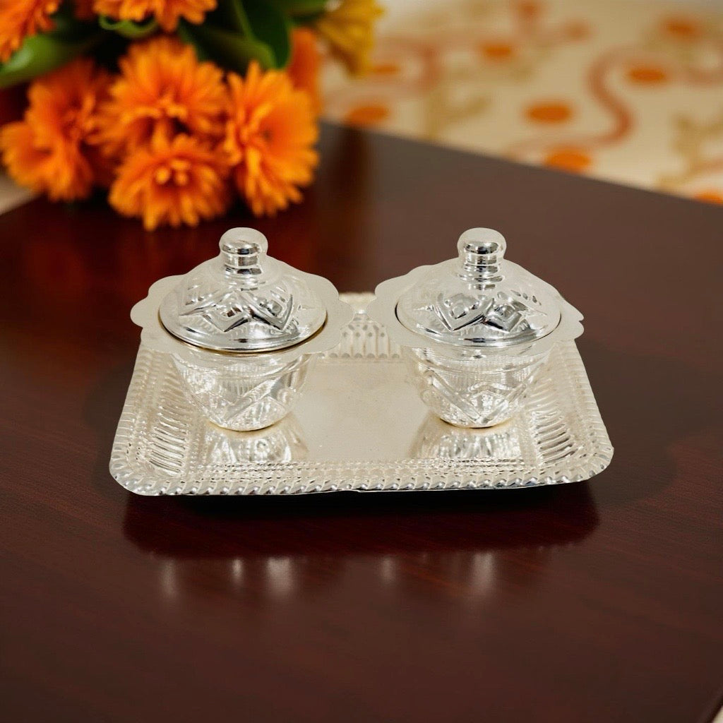 Silver Haldi Kumkum Plate Set with Lid