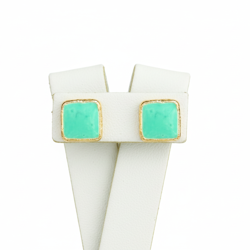 Silver Teal Square Screw Back Earrings