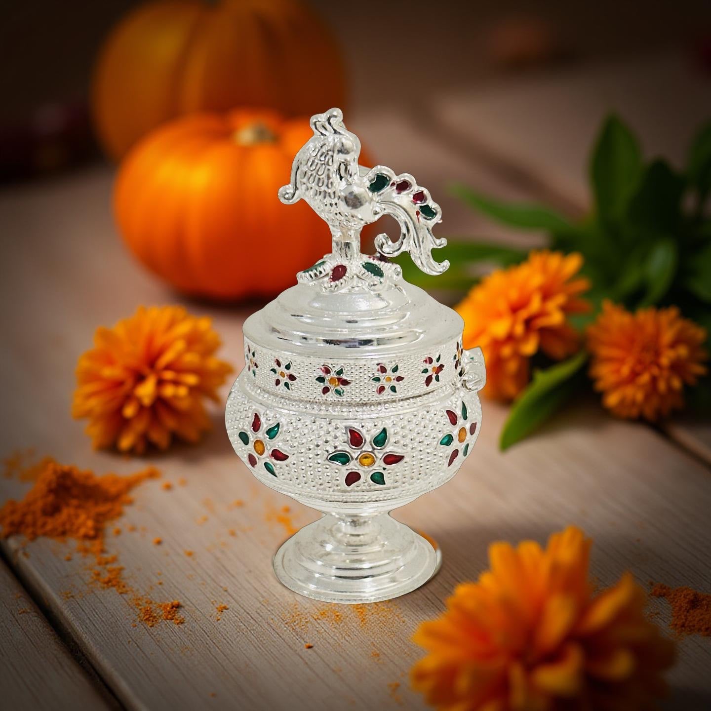 Silver Peacock Floral Enamel Haldi KumKum Box