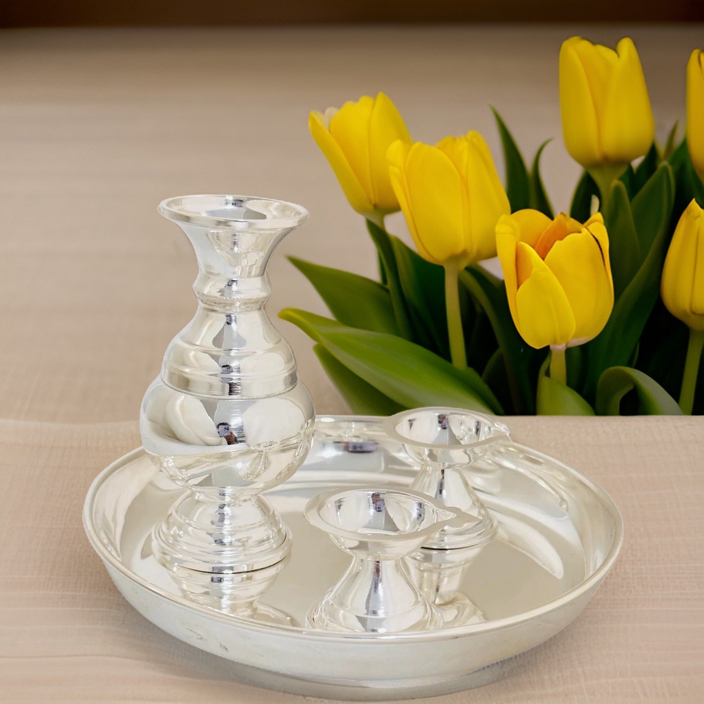 925 Silver Arathi Plate With Diya and Kalash