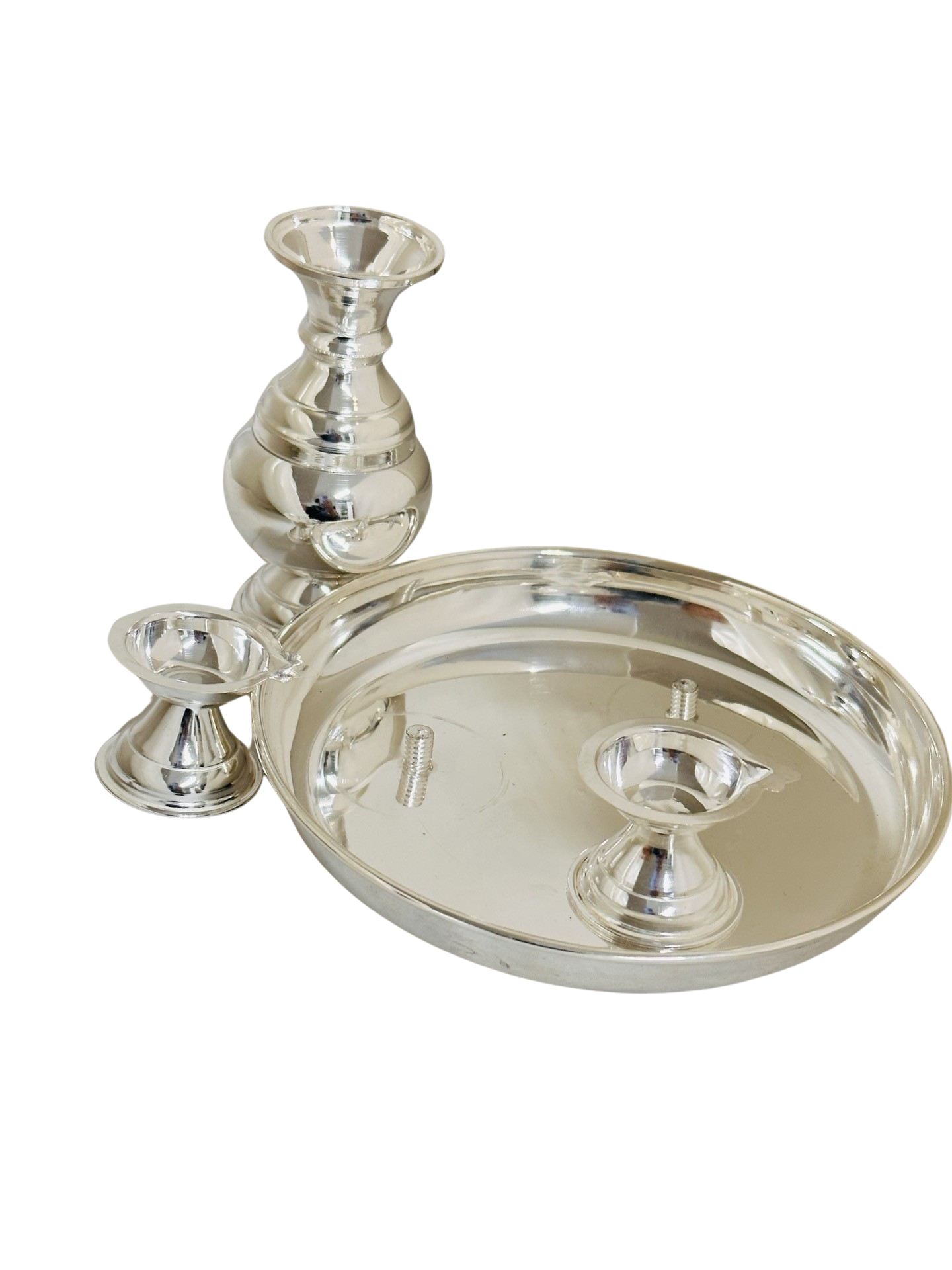 Silver Arathi Plate With Diya and Kalash