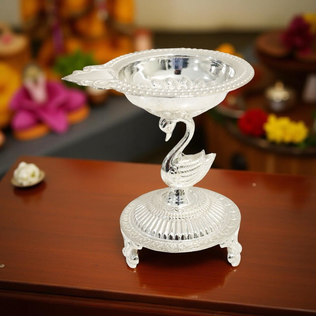 Adhya Fancy Peacock Silver Diya