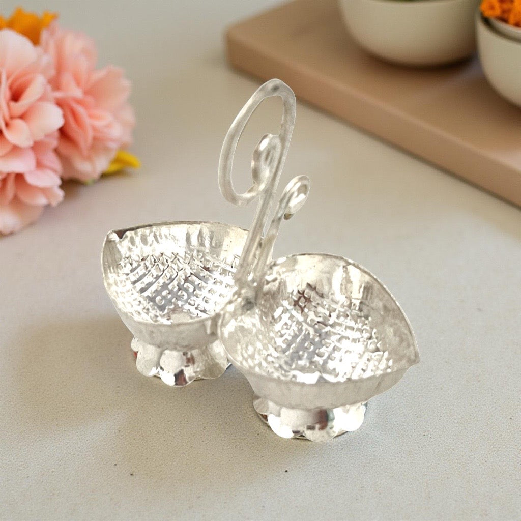 Silver Dual Heart Haldi Kumkum Holder