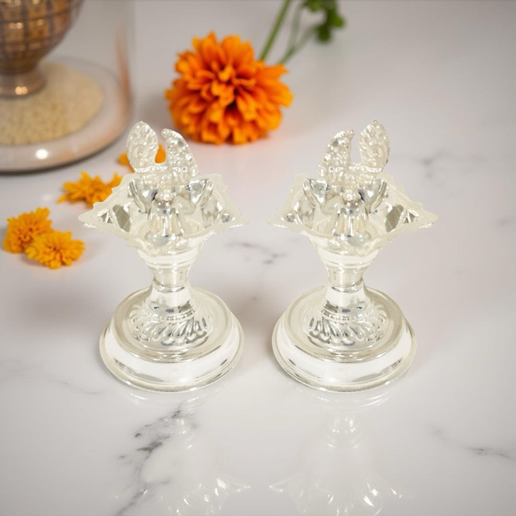 Silver Peacock Nakash Deepam 3.8 Inches