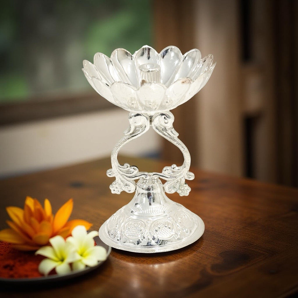 Bhagyashri Fancy Peacock Silver Diya