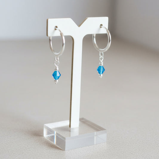 Silver Ear Hoop with Hanging Teal Crystals-