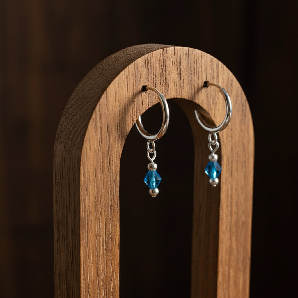 Silver Ear Hoop with Hanging Teal Crystals-