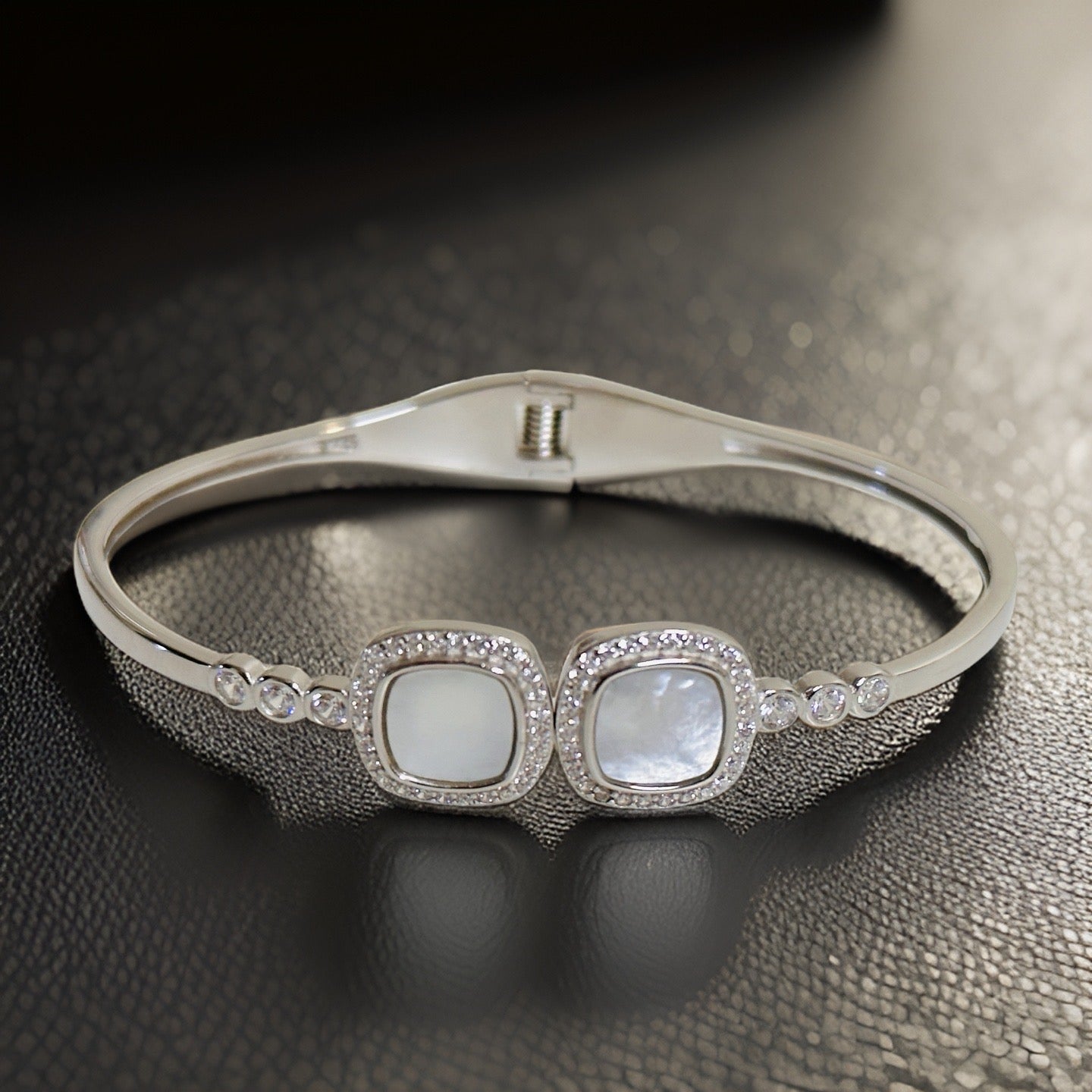 Openable Mother Of Pearl Square CZ Silver Bracelet