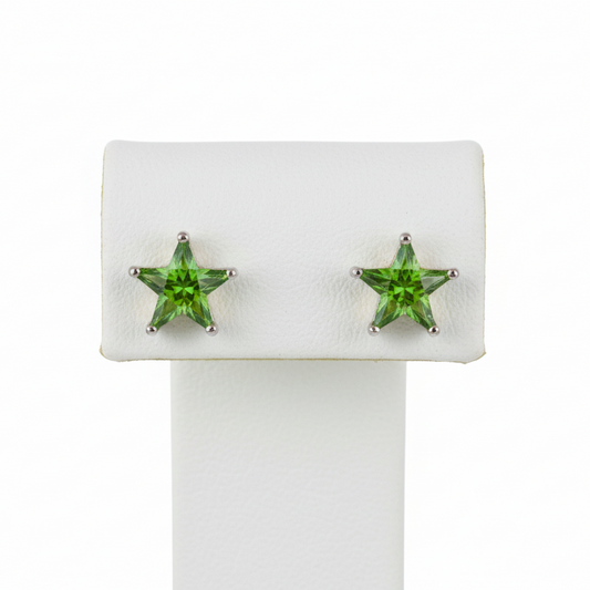Silver Green Star Screw Back Earrings