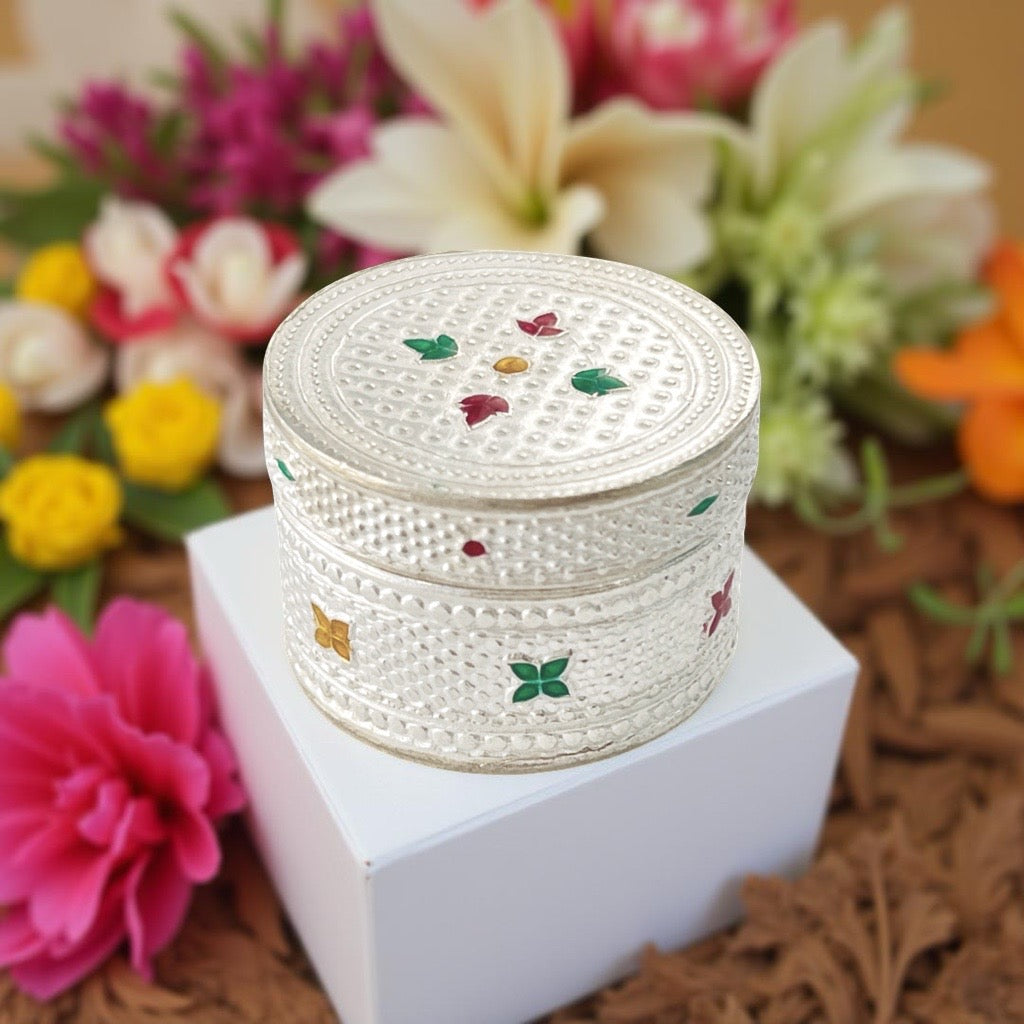 Silver Enamel Round KumKum Box