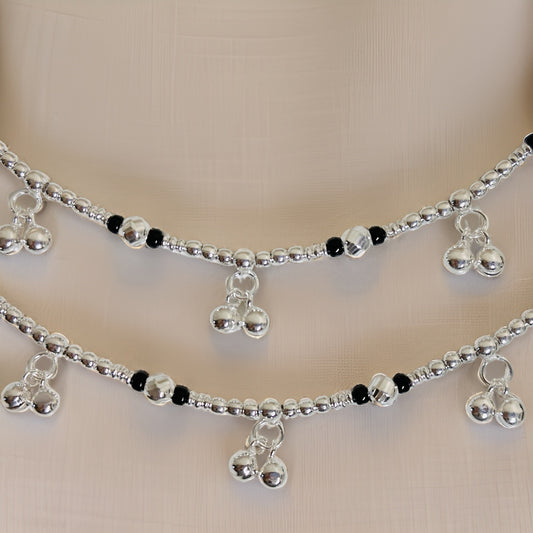 925 Silver Anika Black Bead Fancy Payal 7 inches