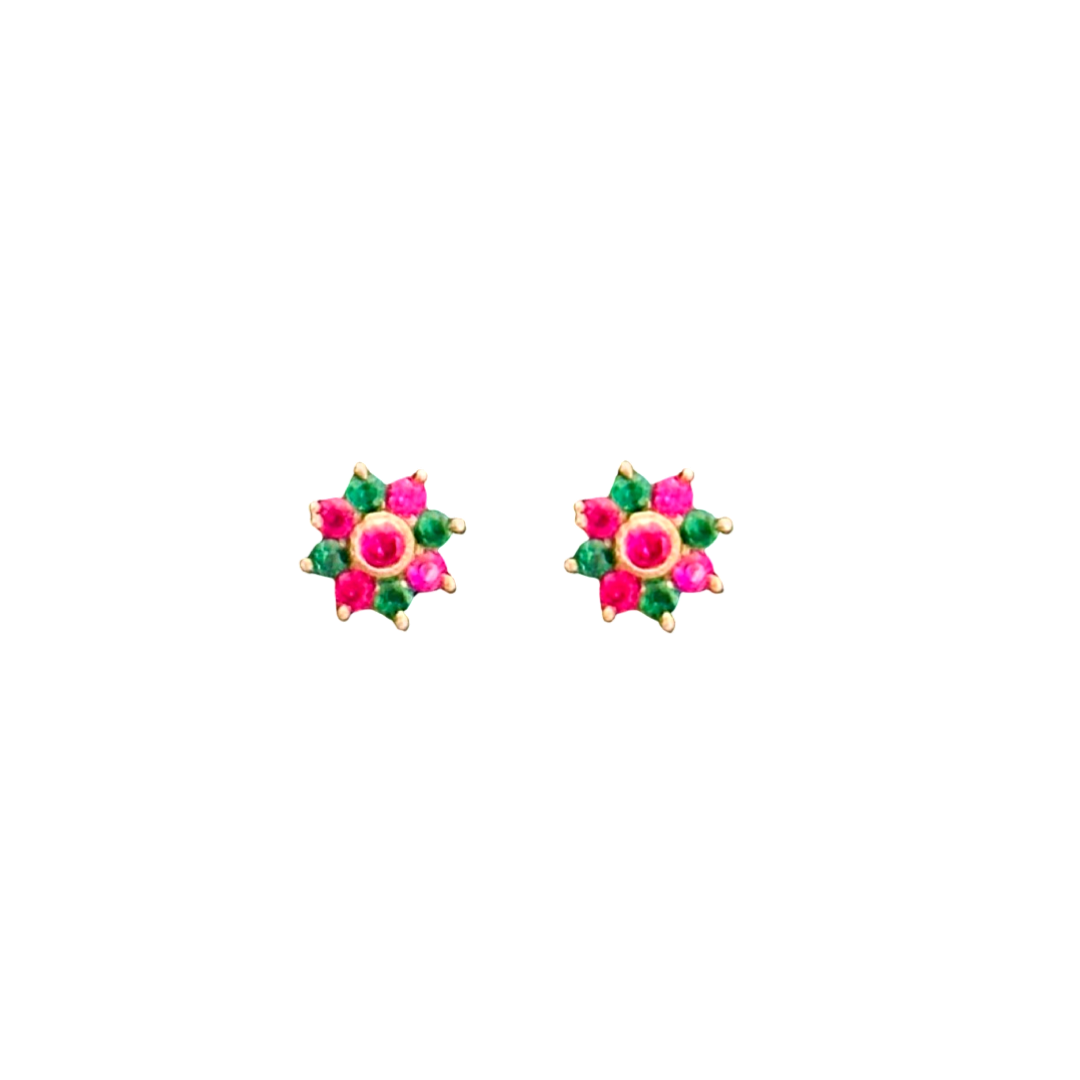 Silver Pink-Green CZ Screw Back Earrings