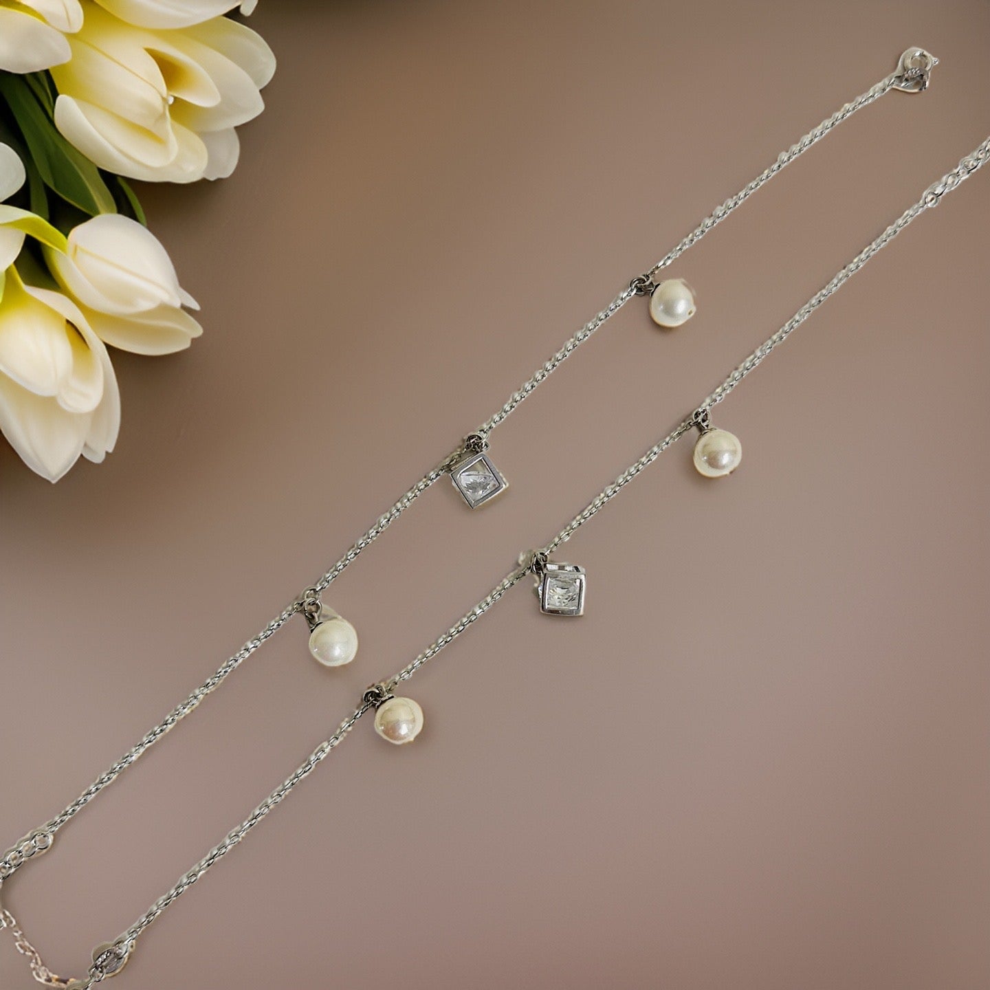 925 Silver Crystal Charm Anklet 9 Inches