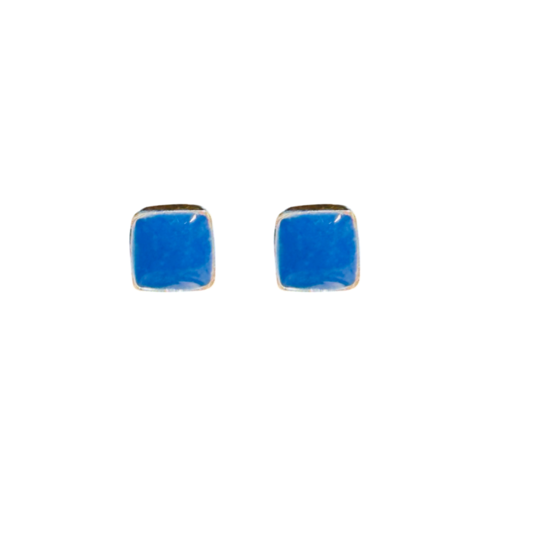 Silver Blue Square Screw Back Earrings