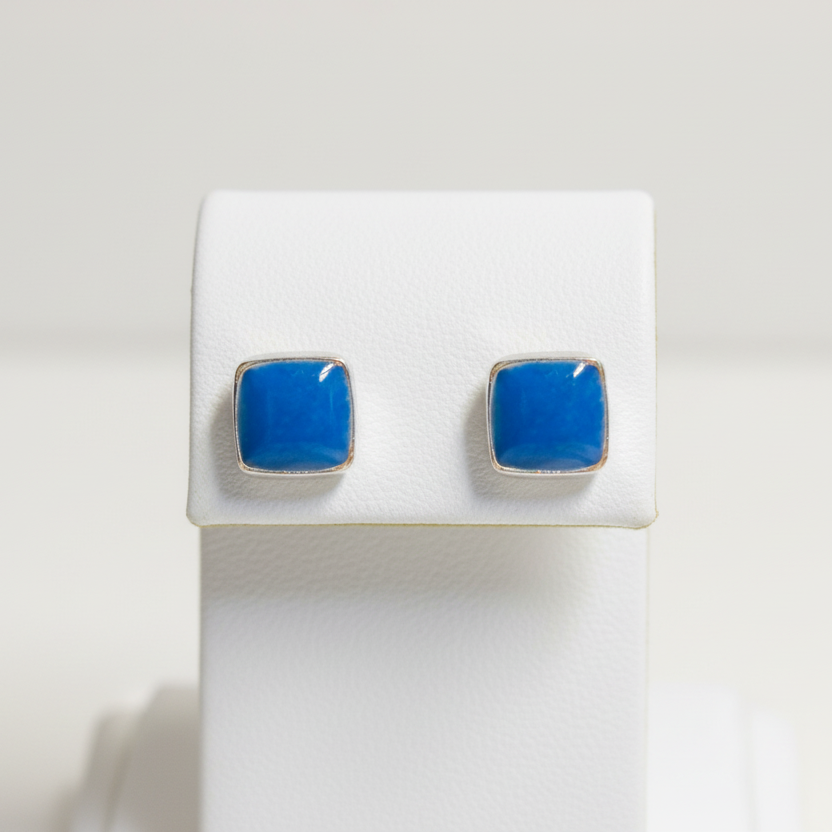 Silver Blue Square Screw Back Earrings