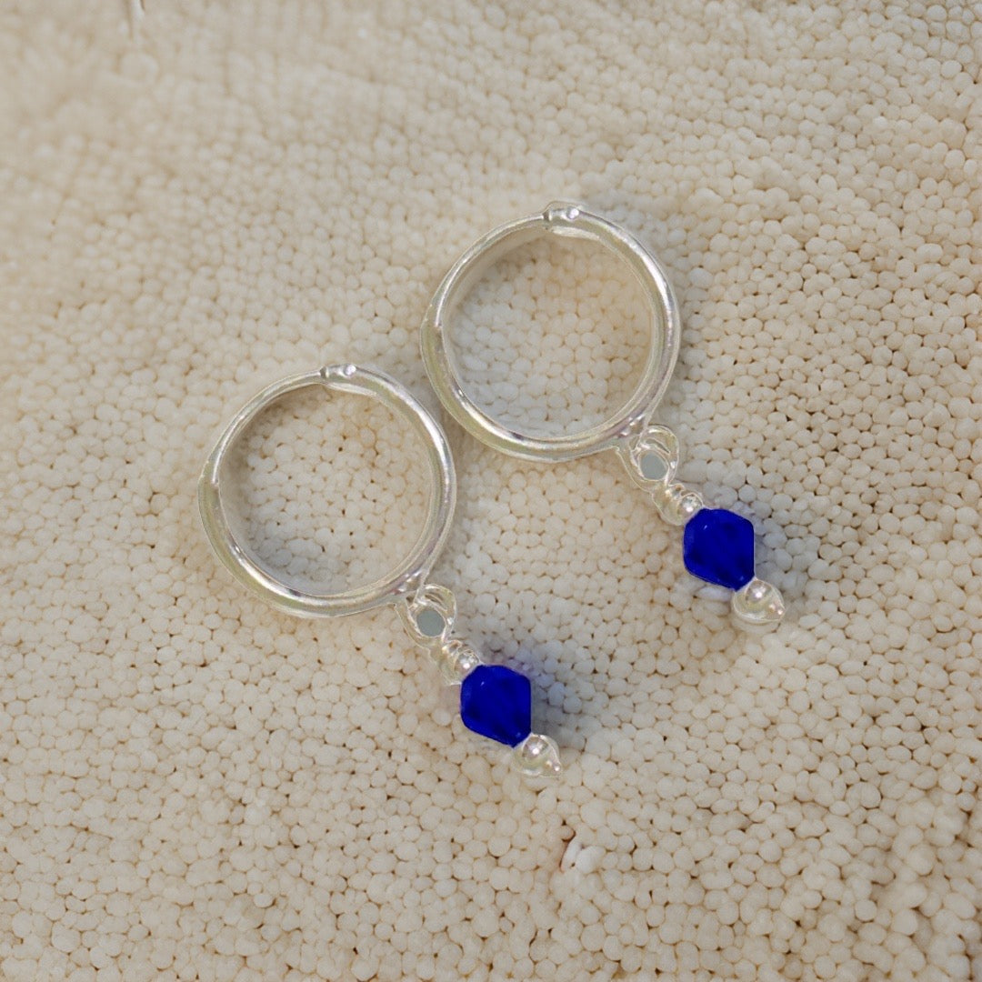 Silver Ear Hoop with Hanging Green Crystals-