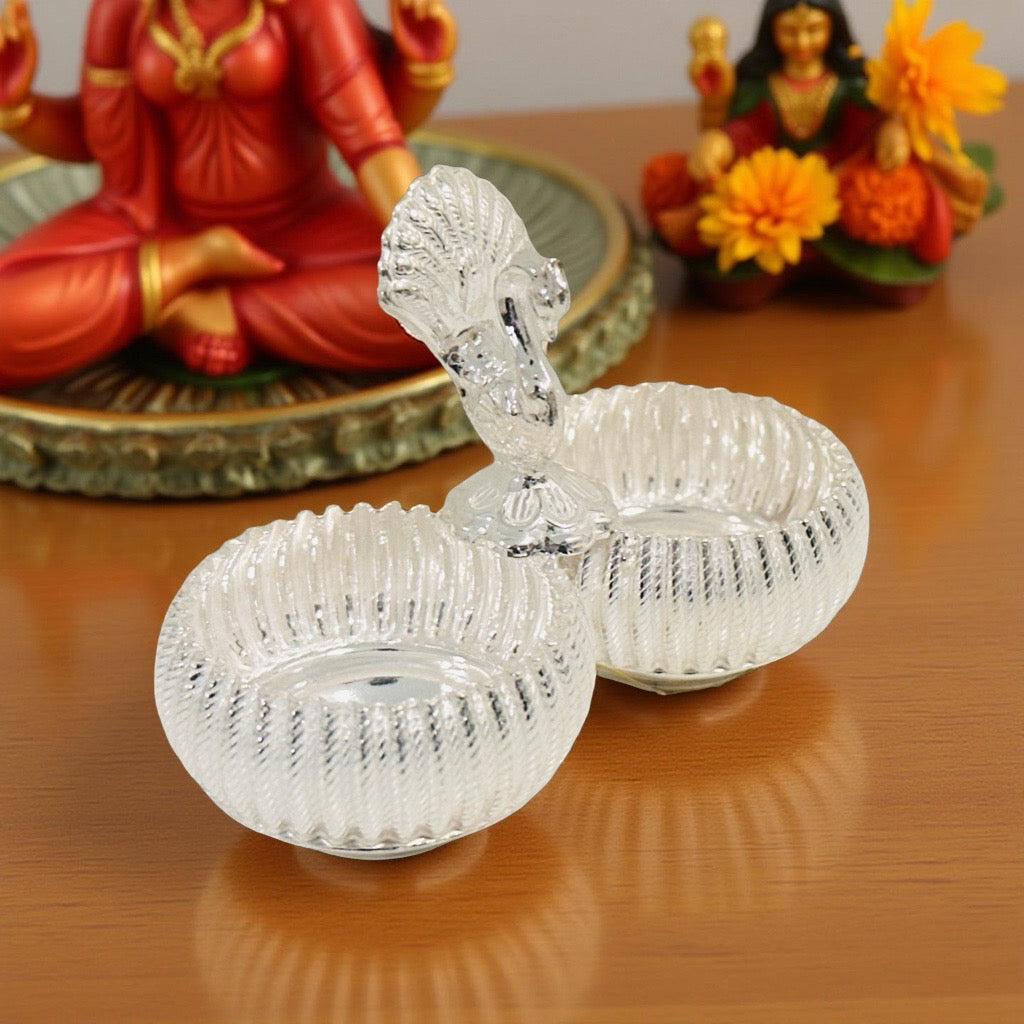 Silver Two Cup Peacock KumKum Box