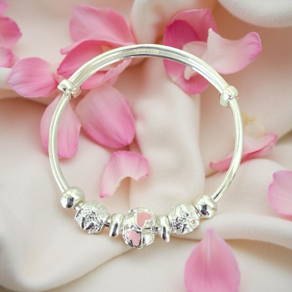 999 Pure Silver Pink Roller Charm Adjustable Baby Bracelet