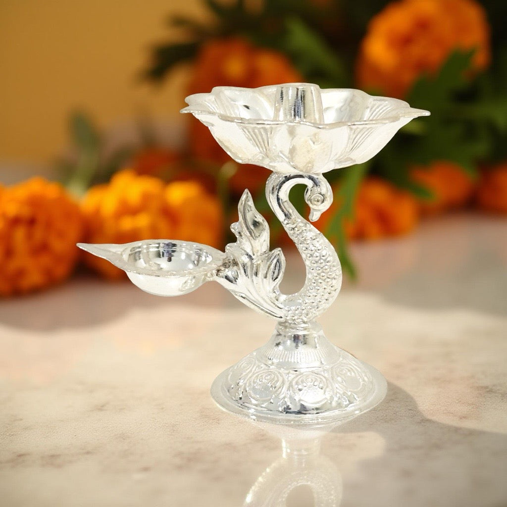 Deetya Fancy Peacock Silver Diya