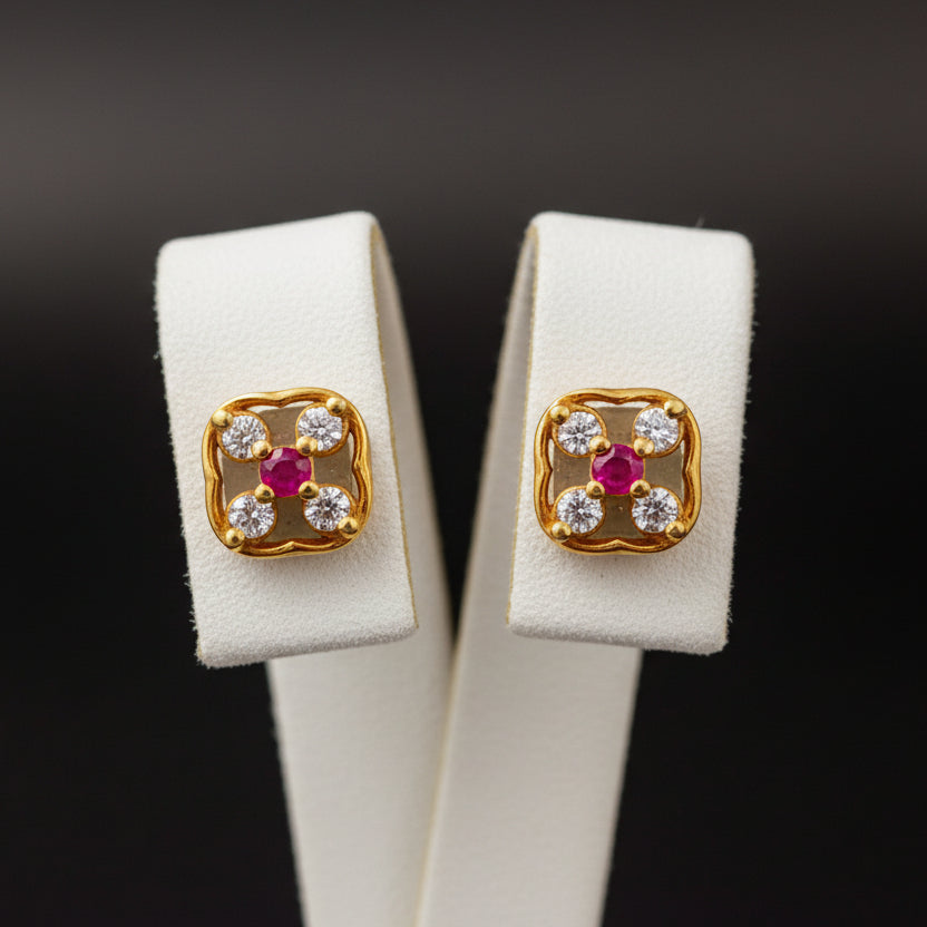 18KT Gold Pink-White Square Stone Stud Earrings.