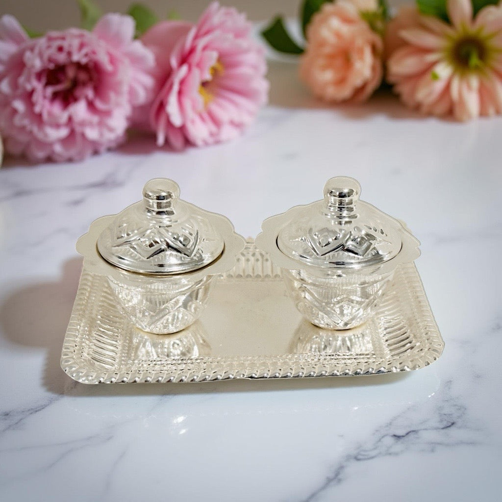 Silver Haldi Kumkum Plate Set with Lid