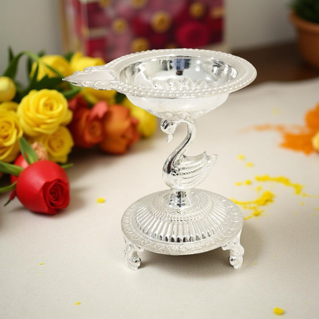 Adhya Fancy Peacock Silver Diya