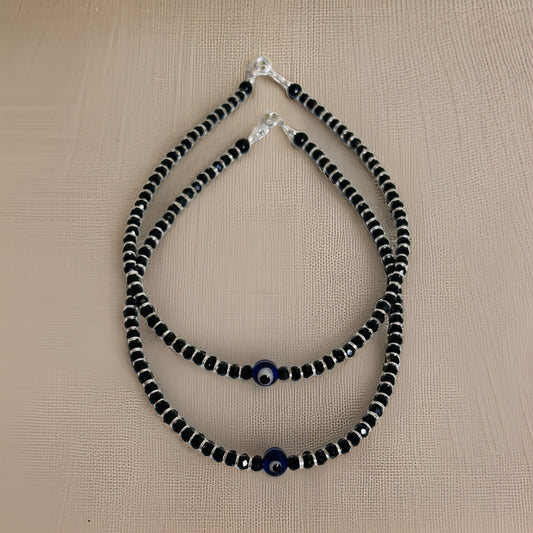 Poovi 925 Silver Black Bead Nazria Bracelet-Anklet 10 Inches
