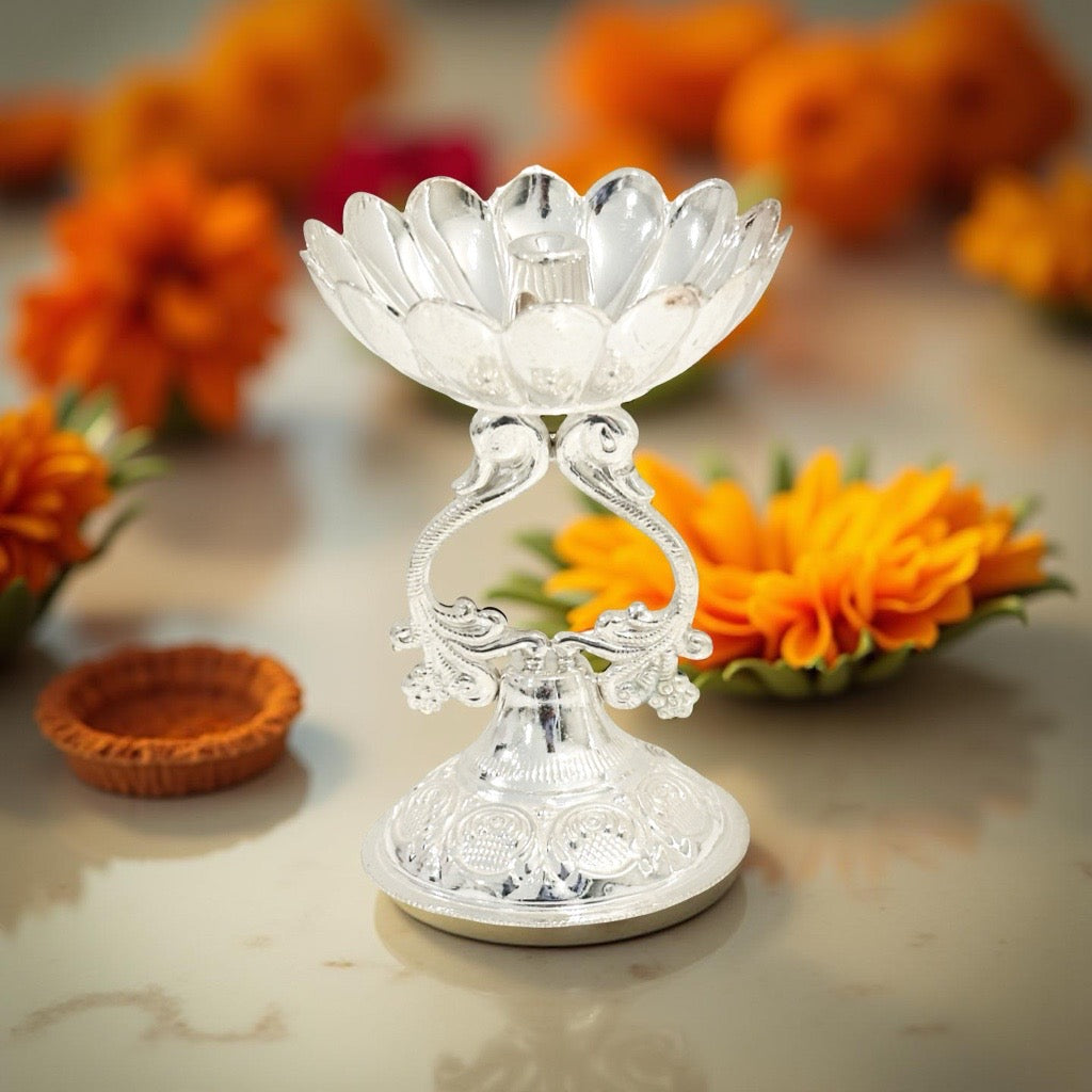 Bhagyashri Fancy Peacock Silver Diya