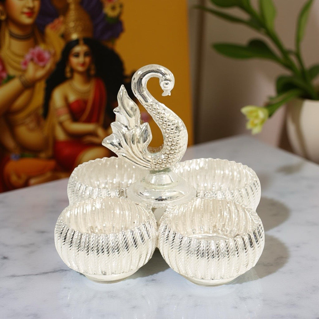 Silver Four Cup Peacock KumKum Box