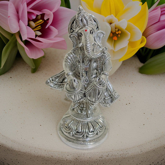 999 Silver Dholak Ganesh Idol- 6 Inches