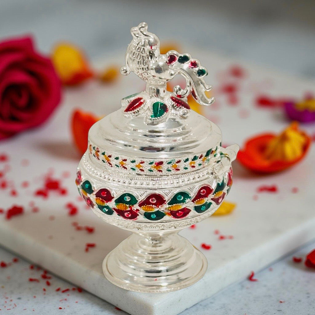 Silver Peacock Enamel Haldi KumKum Box