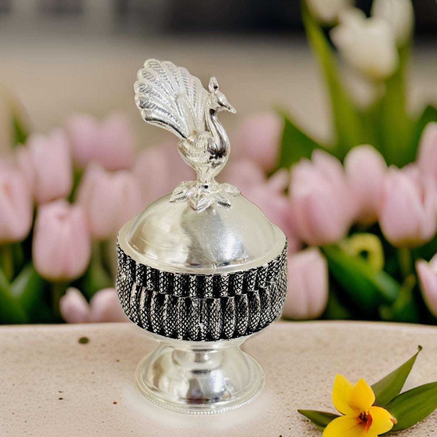 Antique Peacock 925 Silver Haldi Kumkum Cup