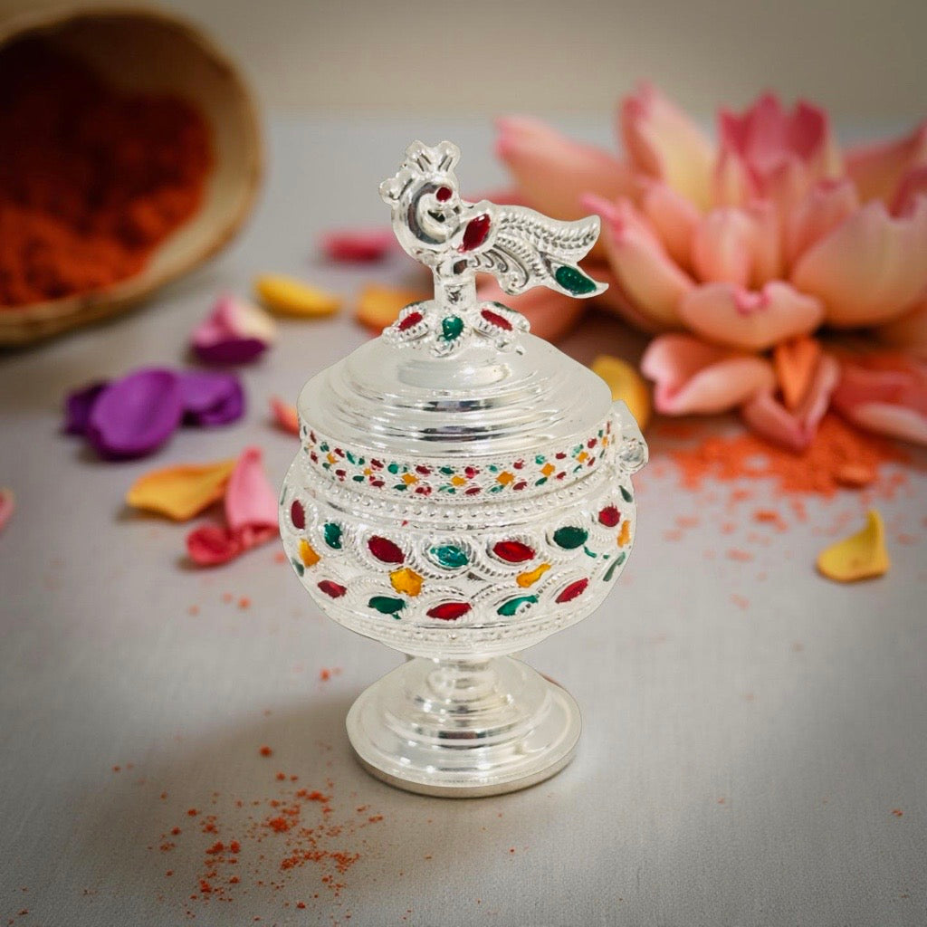 Silver Peacock Sindoor Box