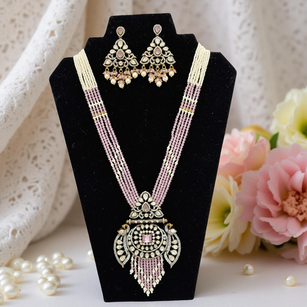Pink Crystal Victorian Long Necklace and Earrings Set