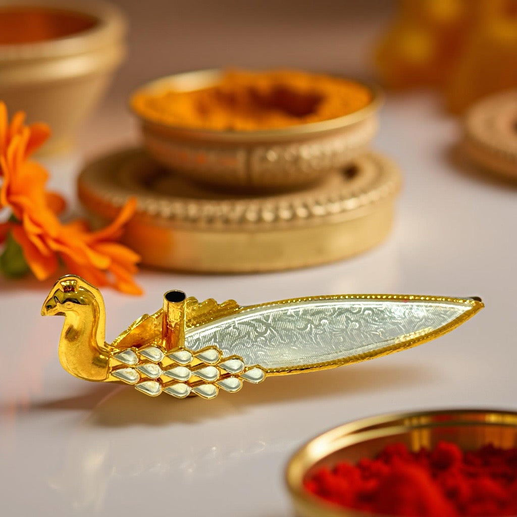 925 Silver Gold Plated Peacock Agarbathi Stand
