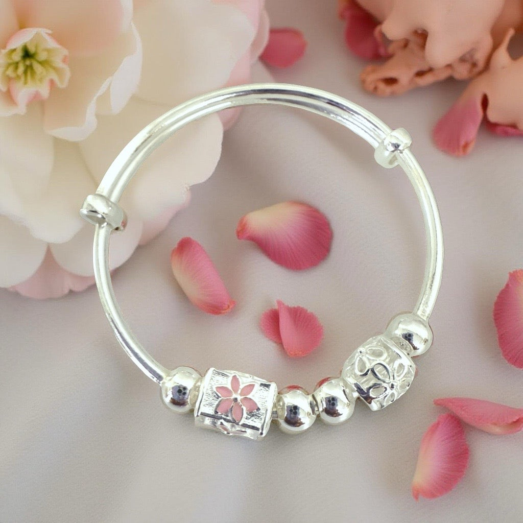 999 Pure Silver Pink Sqaure Charm Adjustable Baby Bracelet