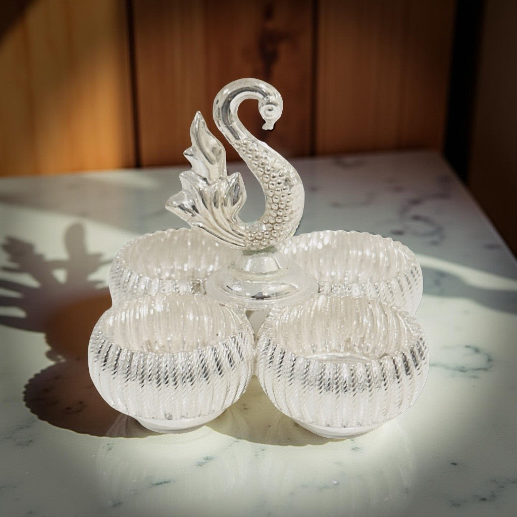 Silver Four Cup Peacock KumKum Box