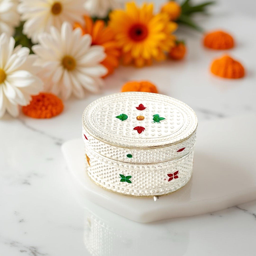 Silver Oval Enamel KumKum Box