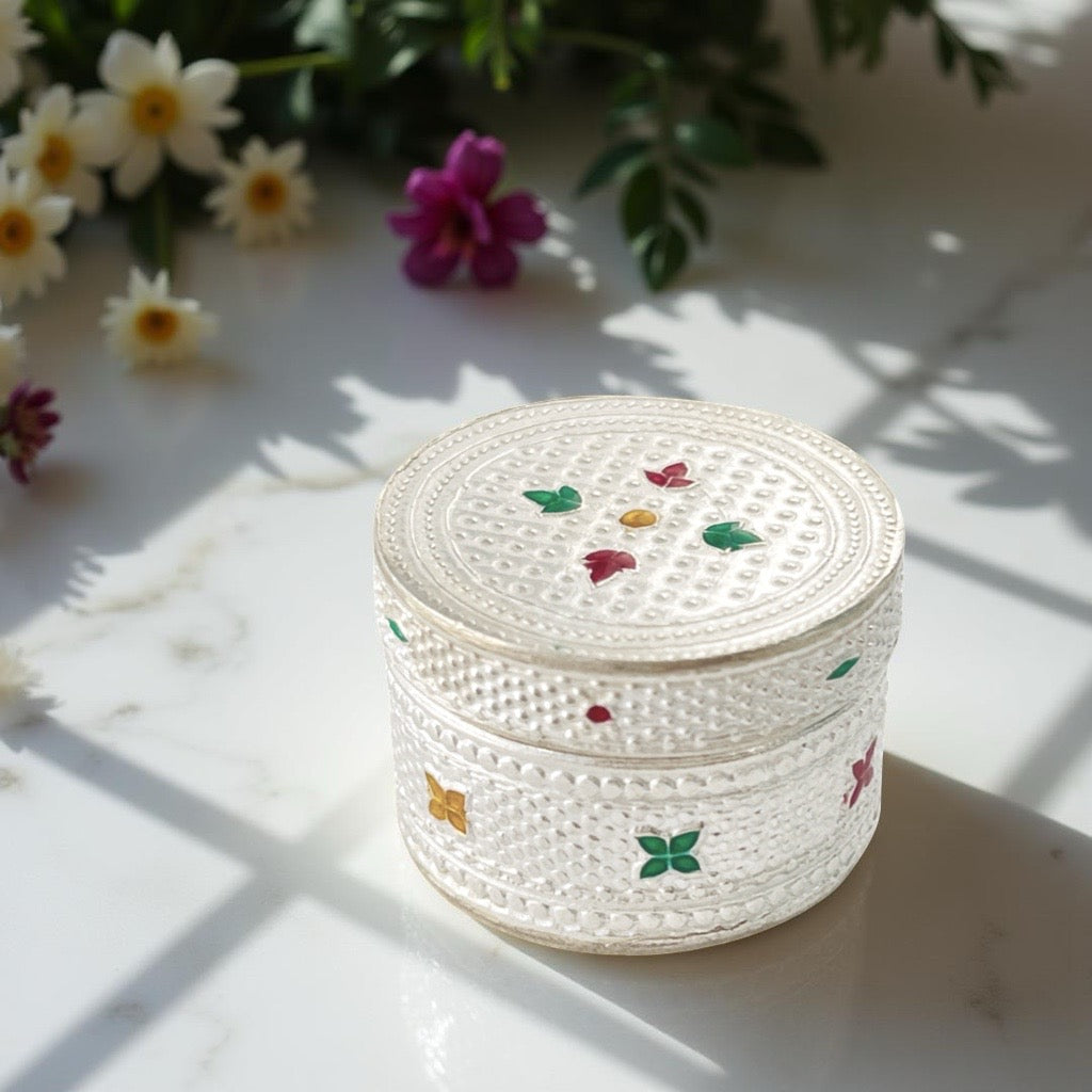 Silver Enamel Round KumKum Box