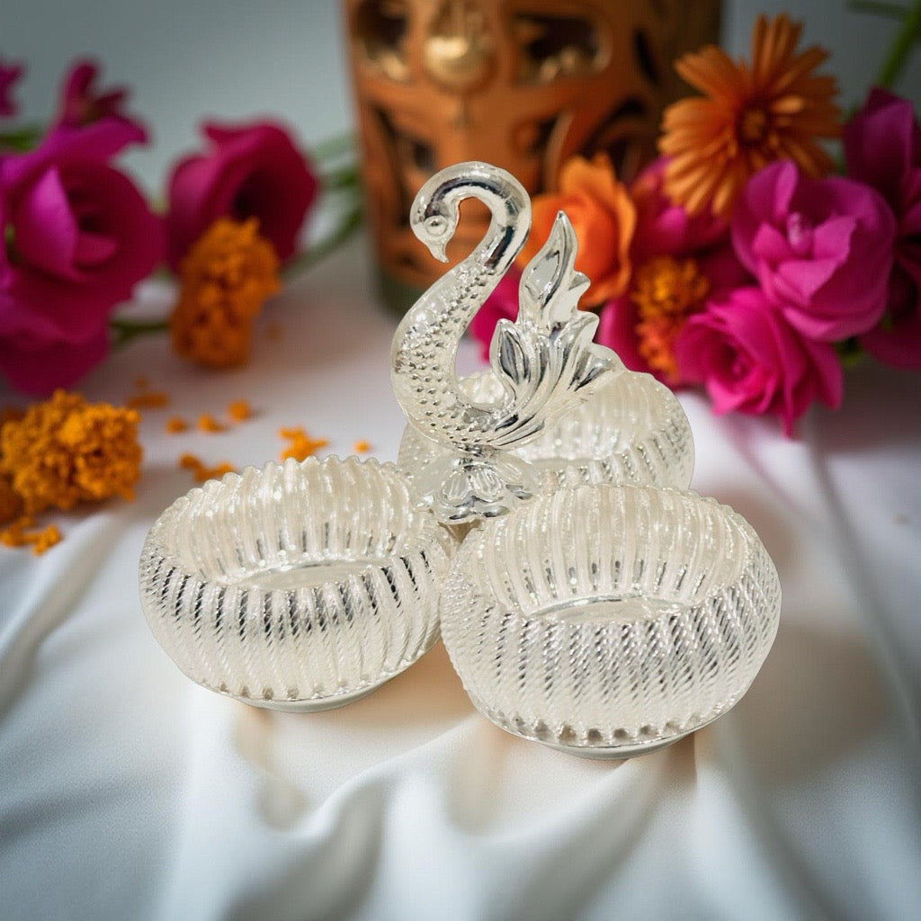 Silver Three Cup Peacock KumKum Box