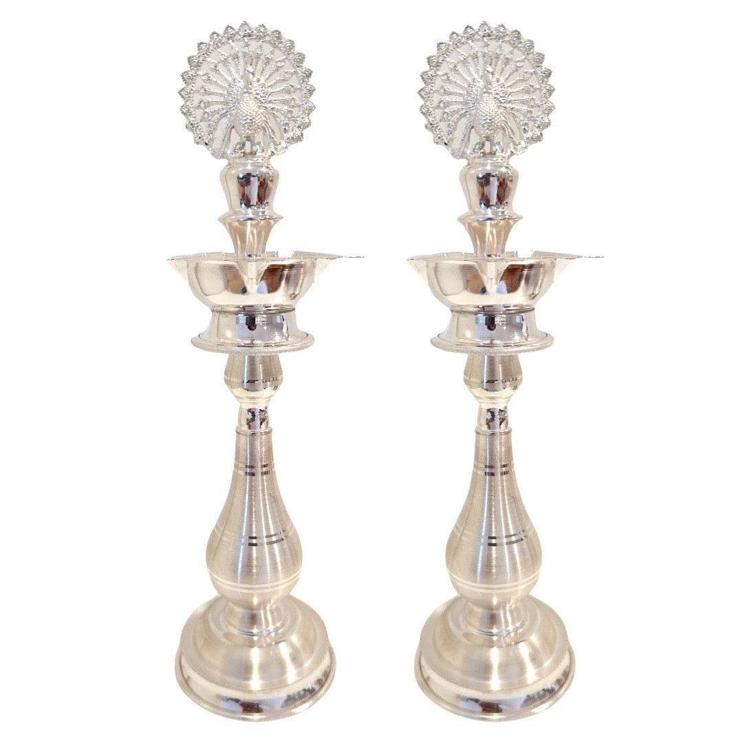 Silver Plain Peacock kuthuvilakku-Kundhulu Deepam 9 Inches