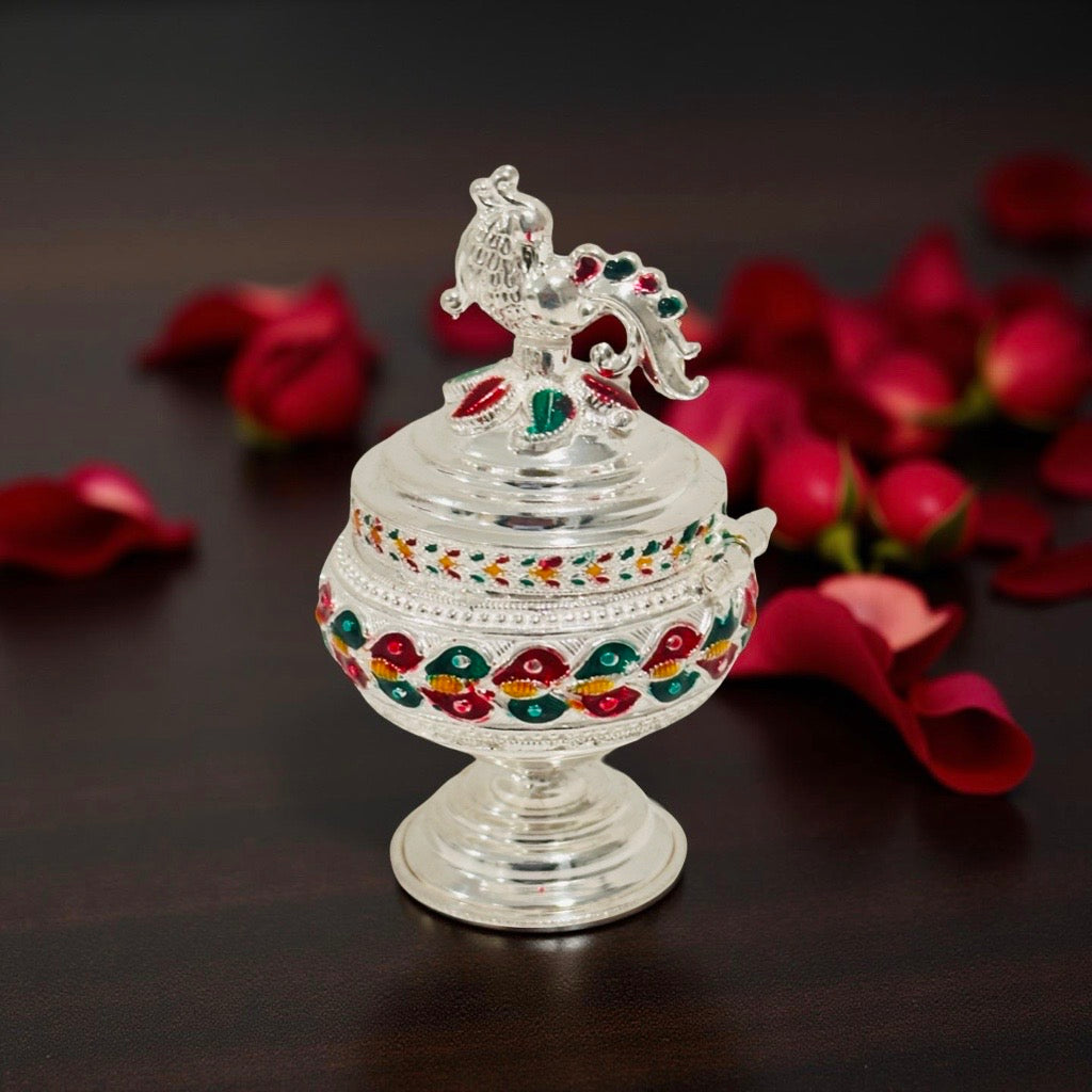 Silver Peacock Enamel Haldi KumKum Box