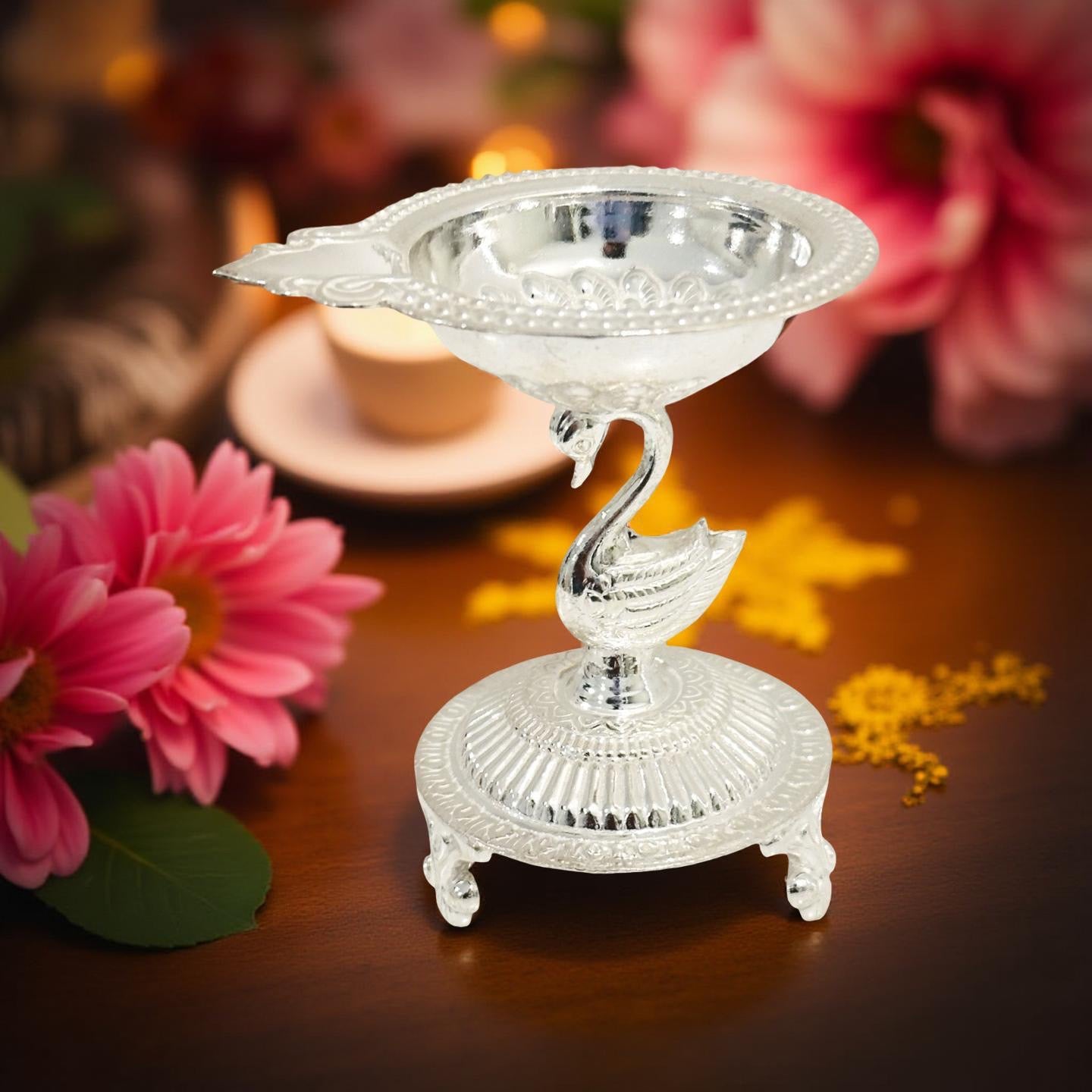 Adhya Fancy Peacock Silver Diya