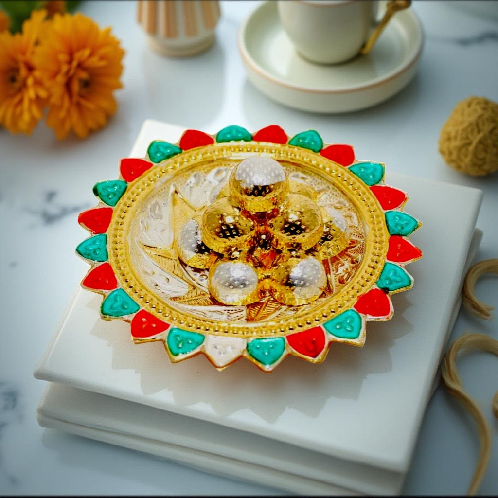 Silver Enamel Laddu Plate