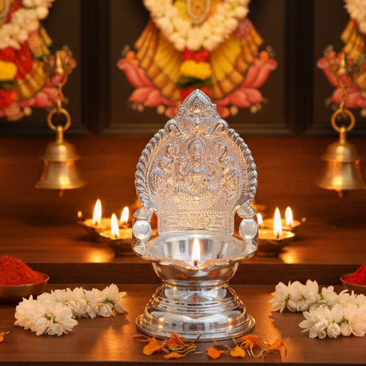 925 Silver Gajalakshmi-Kamakshi Deepam 5 Inches