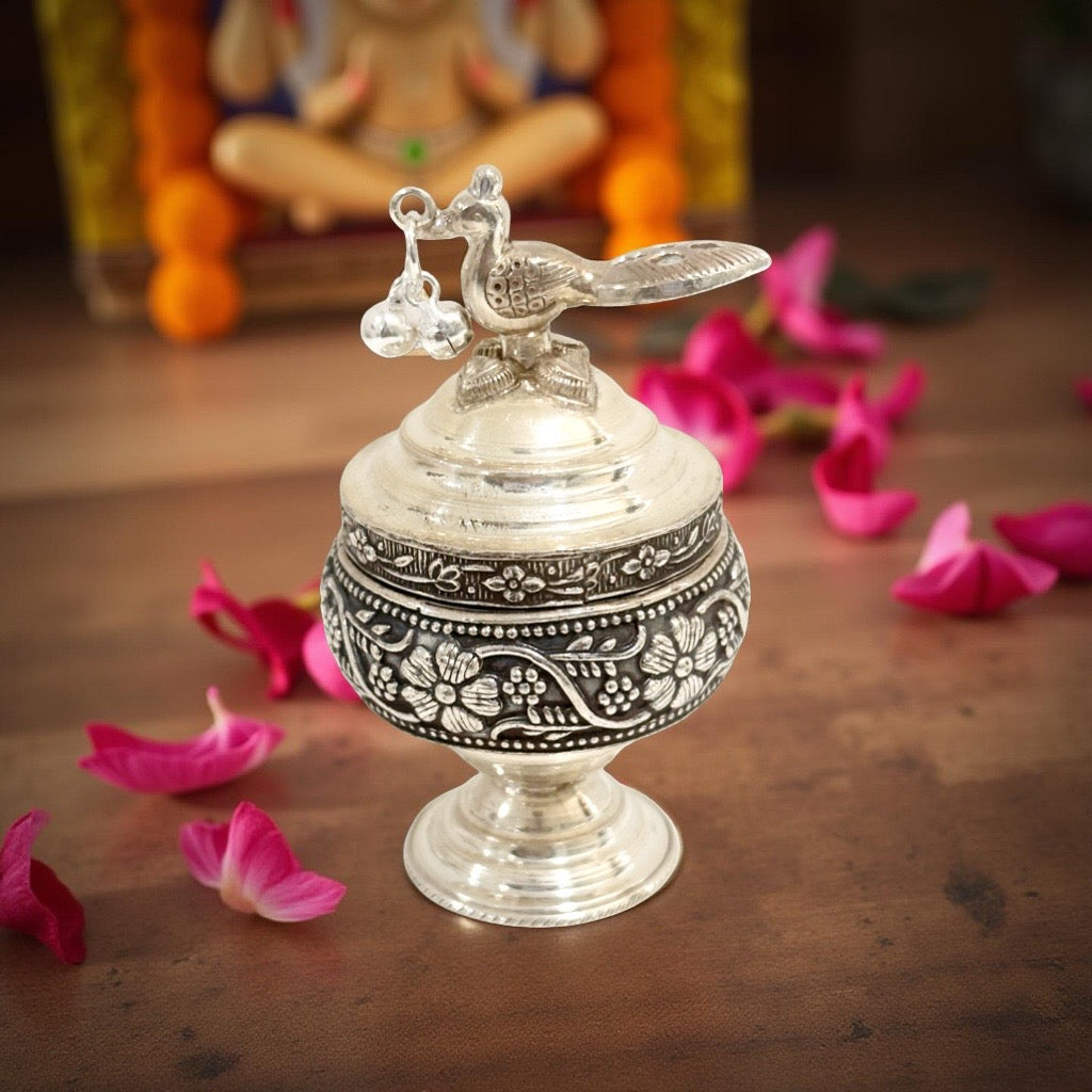 Antique Silver Peacock KumKum Box