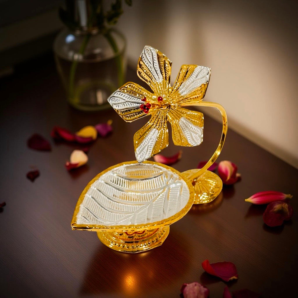 Gold Plated Silver Hibiscus Flower Diya